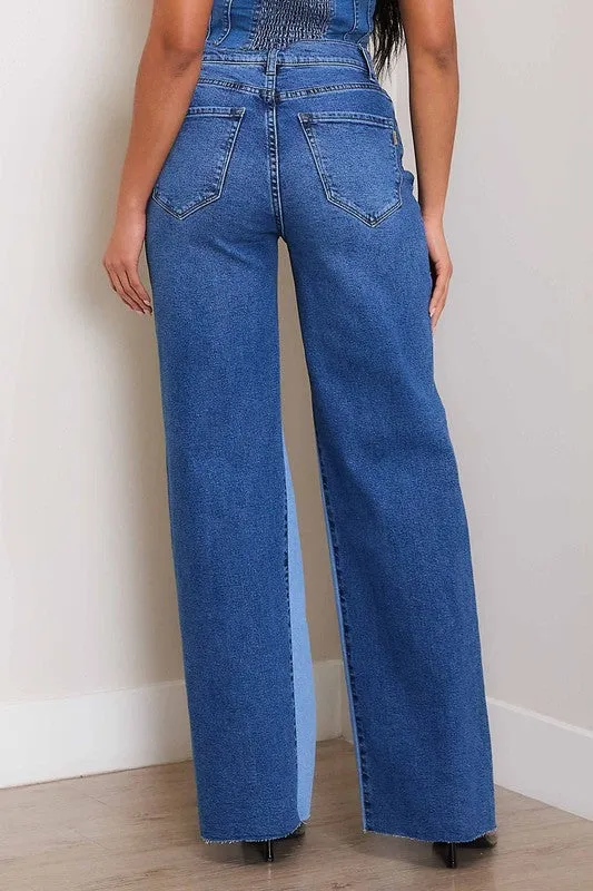 Blue High-Rise Color Block Wide Leg Jeans