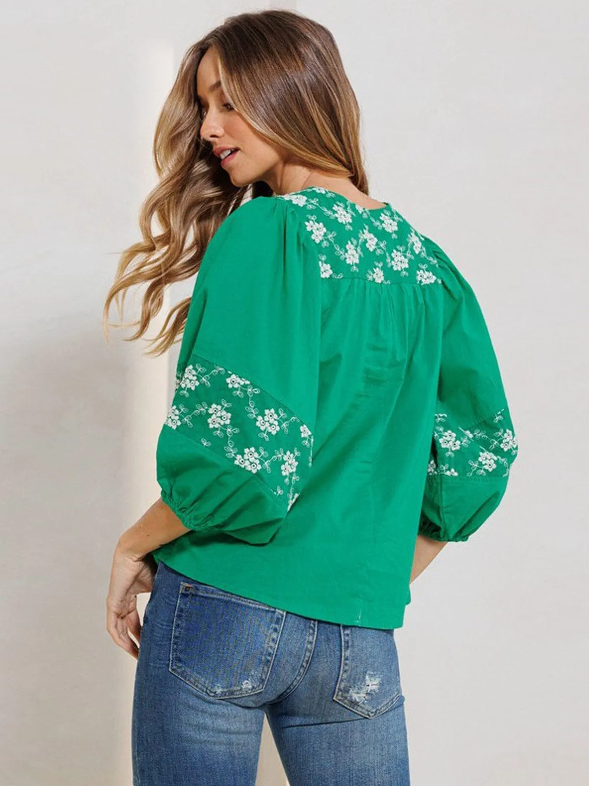 WOMEN'S 3/4 SLEEVES EMBROIDRY FLORAL BLOUSE TOP
