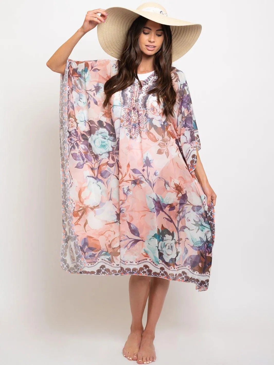 WOMEN'S FLORAL TUNIC LACE UP TOP