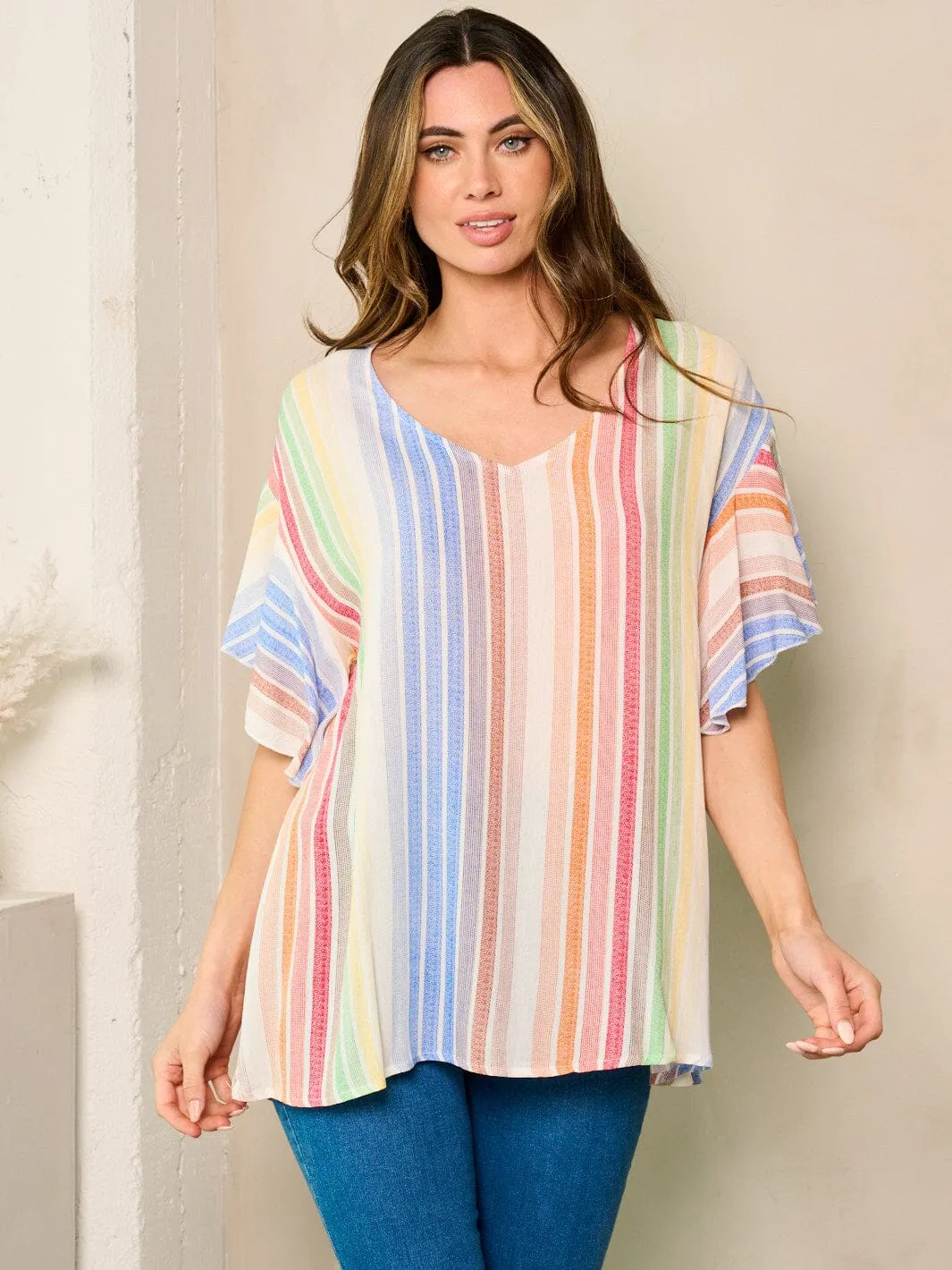 WOMEN'S SHORT SLEEVE TUNIC V-NECK MULTI COLOR TOP